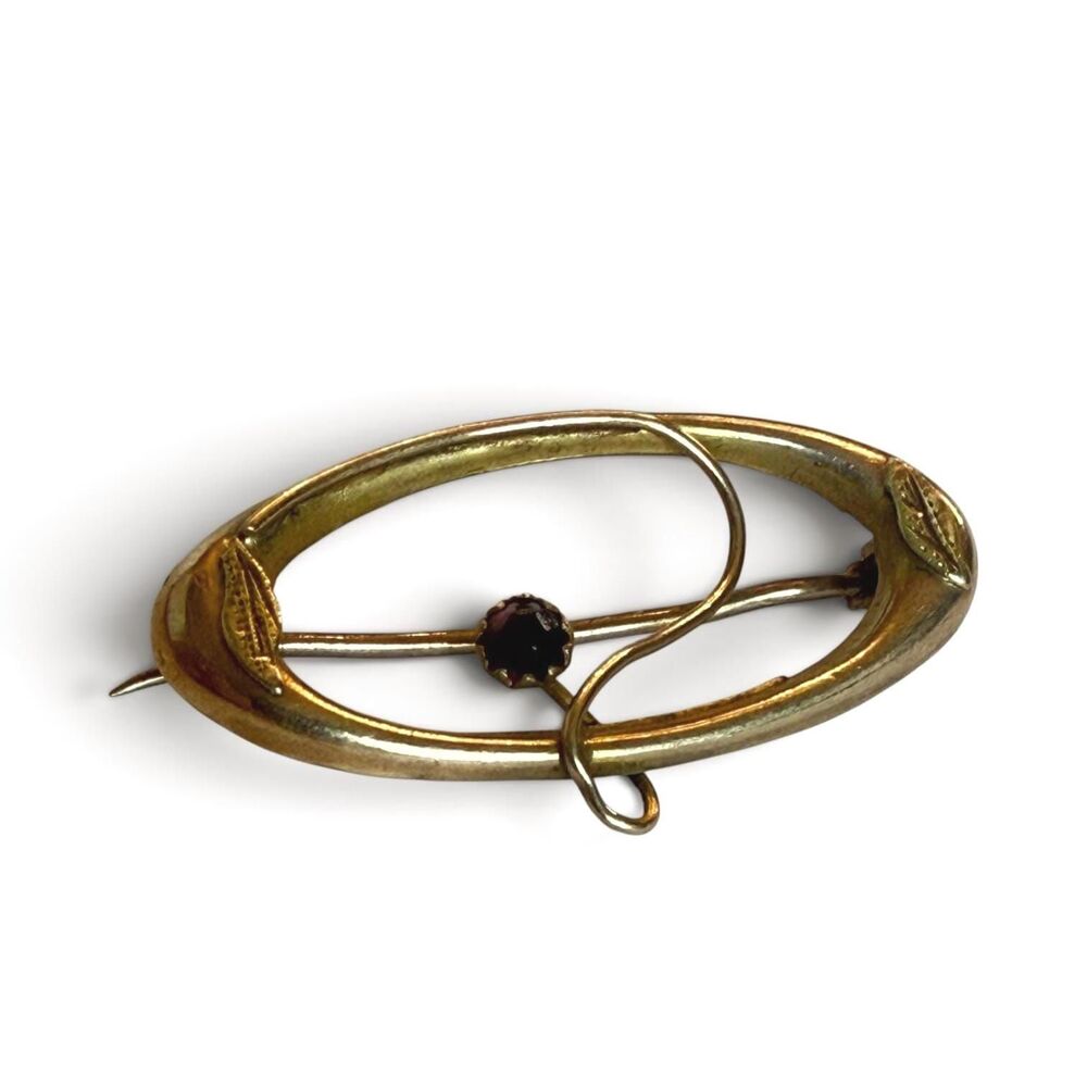 Antique 10K Gold Oval Brooch | Victorian Edwardian Pin With Garnet Red Stone